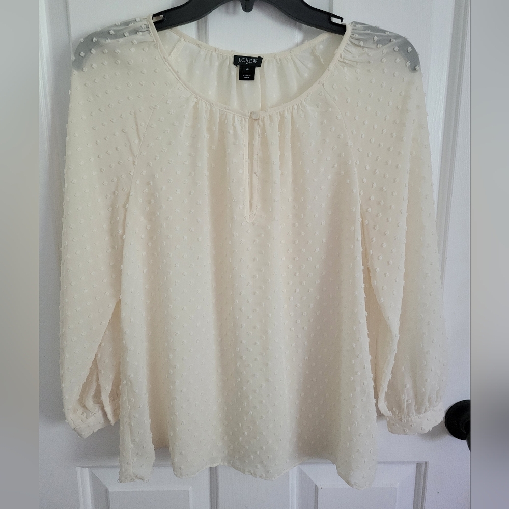 J Crew Ivory Chenille Semi-Sheer Swiss Dot Long Sleeve Blouse Size XS